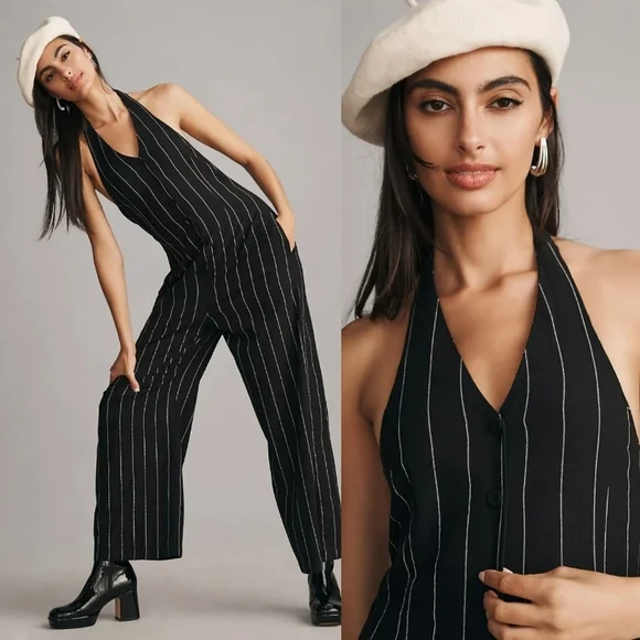 Anthropologie Little Lies Pinstripe Halter Neck Jumpsuit